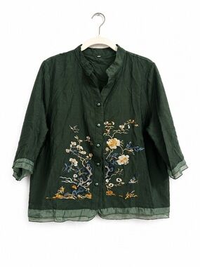 Vintage Style Green Embroidered Blouse Floral Bird Button Front Boho Top size 5